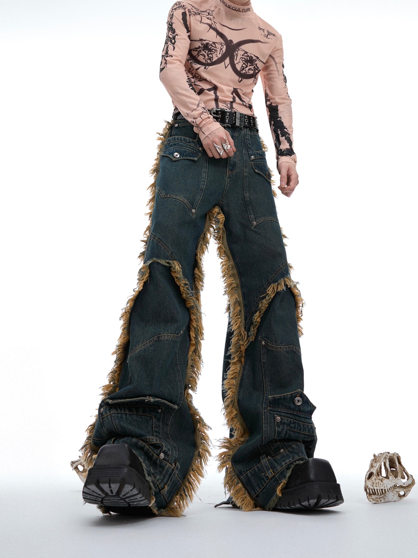 Deconstructed Distressed Burrs Tassels Jeans